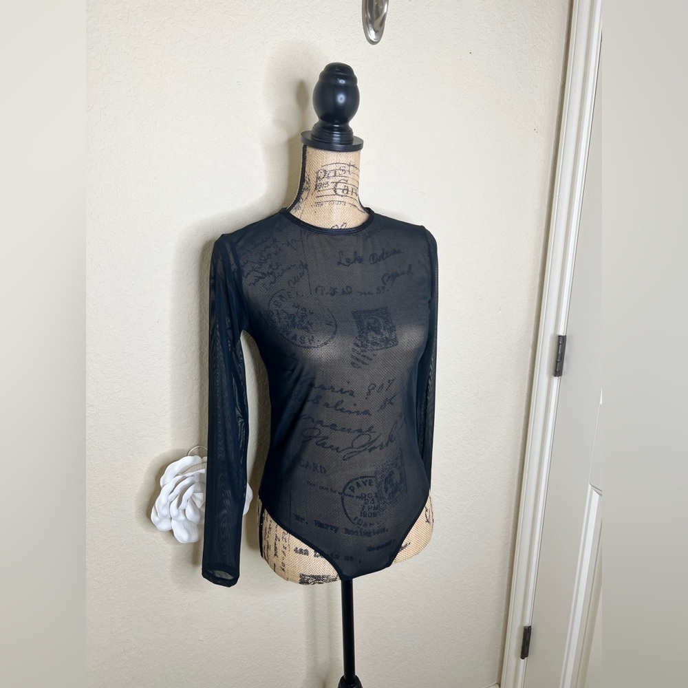 NTM: Auden Black Sheer Long Sleeve Thong Back Pullover Style Bodysuit Sz Medium - Picture 6 of 16